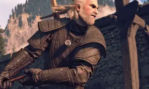 Geralt w skórzanych rynsztunkach z Wiedźmina 3, z mieczem za plecami, gotowy do walki.