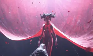 Lilith z Diablo 4, otoczona czerwoną tkaniną i płatkami, wznosi się nad klęczącą postacią.