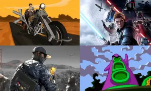 Cztery sceny z gier: motocyklista na pustyni, postacie z Gwiezdnych Wojen, haker w San Francisco i fioletowa ośmiornica. Idealne dla graczy Xbox, szukających przygody.