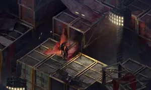 Dwie postacie stoją na zniszczonej platformie wśród kontenerów. Scena z Disco Elysium poradnik, mroczna i deszczowa.