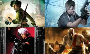 Kratos, Leon Kennedy, Dante i Jade - bohaterowie najlepszych gier na PS2, gotowi do akcji.