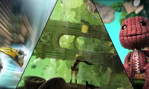 Kolaż z grafik z gier na PS Vita: żółty statek kosmiczny, dziewczyna w zielonym mieście, Sackboy.