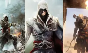 Trzy postacie z gier Assassin's Creed: pirat na morzu, asasyn w bieli i wojownik pustyni z pochodnią.