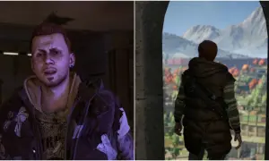 Dying Light 2: Damien, z blizną na twarzy, patrzy w dal na krajobraz miasta.
