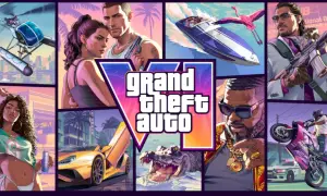 Kolaż z gry **GTA 6**: helikopter, para z bronią, łódź z flamingiem, mężczyzna z karabinem, kobieta, żółty supersamochód, aligator, mężczyzna w okularach i motocyklista na tylnym kole.