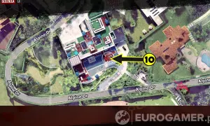 Mapa z gry Dead Island 2. Czysta kradzież! Wskazuje cel misji na posiadłości przy Alpine Dr.