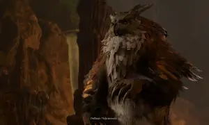 Potężny sowodźwiedź z Baldur's Gate 3, z piórami i pazurami, siedzi w jaskini.