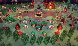 Urocza wioska z postaciami z gry, która przypomina, co to roguelike. Wszędzie widać małe domki, zwierzątka i ogniska.