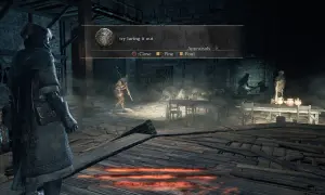 Postać w mrocznym świecie gry, podpowiedź "try luring it out" sugeruje taktykę w tej mrocznej solucji Dark Souls.