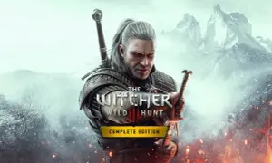 Geralt z Rivii, wiedźmin, trzymający miecz, na tle gór i płomieni. Okładka gry "Wiedźmin 3: Dziki Gon Complete Edition", sugerująca różne zakończenia.