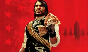 John Marston z Red Dead Redemption na PS5, z plakatami "Wanted" w ręku.