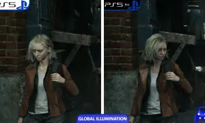 Porównanie grafiki Resident Evil Re:Verse na PS5 i PS5 Pro. Dziewczyna w brązowej kurtce, gotowa na przetrwanie.
