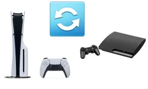 Konsola PS5, kontroler DualSense, kontroler PS3 i ikona synchronizacji. Czy gry z PS3 działają na PS5?