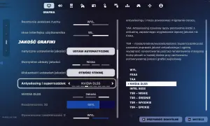 Ustawienia grafiki gry: Antyaliasing i superrozdzielczość. Wybrano NVIDIA DLSS, technologię poprawiającą jakość obrazu.