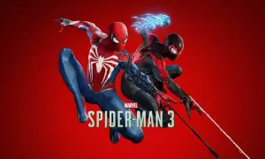 Dwóch Spider-Manów, Peter Parker i Miles Morales, w akcji na tle czerwieni, zapowiada grę Spider-Man 3 na PS5.