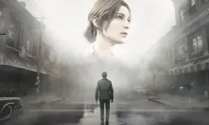 James Sunderland stoi na mglistej ulicy, patrząc w górę na gigantyczną twarz Marii. To kluczowy moment z gry, który może pomóc w **Silent Hill 2 poradnik**.