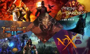 Kolaż okładek gier typu hack and slash: Torchlight II, Path of Exile, Nox, Throne of Darkness i inne.