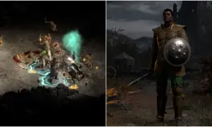 Paladyn z Diablo 2 w zbroi, walczący z potworami w jaskini i stojący na tle zamku.