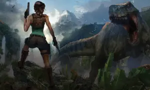 Lara Croft z pistoletami stawia czoła T-Rexowi w dżungli, jak w grach Tomb Raider.