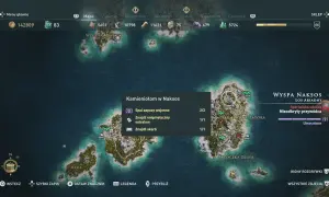 Mapa z Assassin's Creed Odyssey: Naksos, z zaznaczonymi celami misji "Kamieniołom w Naksos".