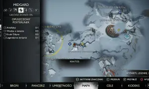 Mapa z gry God of War Ragnarok. Widok na obszar Jezioro Dziewięciu w Midgardzie, z zaznaczonymi punktami i zadaniami.