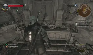 Geralt w grobowcu, szuka nagrody za rozwiązanie zagadki "wieczne odpoczywanie". W tle widać urnę i narzędzia.
