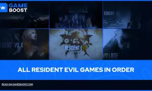 Kolekcja okładek gier Resident Evil, od klasyków po nowsze odsłony, prezentująca serię Resident Evil po kolei.