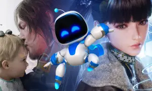 Astro Bot w centrum, otoczony postaciami z gier, sugeruje najlepsze gry na PS5.