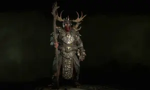 Potężny diablo 2 druid w zbroi z rogami jelenia, trzymający kostur.