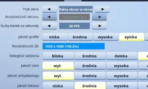 Ustawienia grafiki Fortnite: jakość epicka, rozdzielczość 1920x1080, 60 FPS. Optymalne najlepsze ustawienia Fortnite dla płynnej gry.