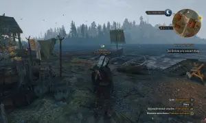 Geralt stoi nad wodą, w tle las i łodzie. Misja "Wybraniec bogów" w Wiedźmin 3.