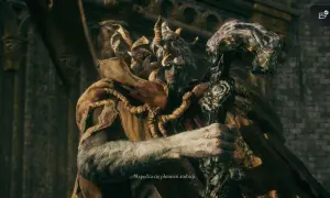 Margit, the Fell Omen z Elden Ring, z rogami i kosturem, groźnie patrzy.