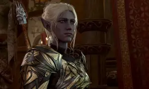 Mroczny elf w zbroi, zamyślony, być może rozważa swoje baldur's gate 3 romanse.