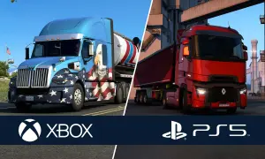 Dwa potężne ciężarówki, jedna z amerykańskimi barwami, druga czerwona, na tle przemysłowym. Zapowiedź Euro Truck Simulator 2 PS5.
