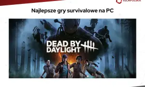 Okładka gry "Dead by Daylight" z napisem "Najlepsze gry survivalowe na PC". Cztery postacie uciekają przed przerażającym zabójcą w mrocznym lesie.