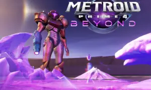 Samus Aran w lśniącej zbroi na fioletowej, krystalicznej planecie. Logo Metroid Prime 4: Beyond w tle.