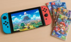 Nintendo Switch z Linkiem na ekranie i kilkoma okładkami gier, w tym Mario. To idealne miejsce na odkrywanie najlepszych gier na Nintendo Switch.
