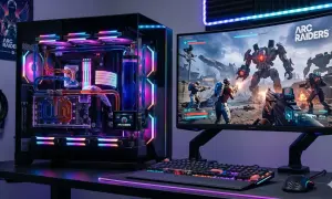 Gamingowy PC z podświetleniem RGB, na monitorze gra "Arc Raiders". Taki sprzęt z pewnością spełni wymagania "Arc Raiders".