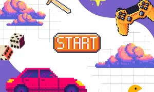 Pixelartowe wspomnienia: miecz, kostki, auto, pad i chmury. Powrót do **gier z dzieciństwa na komputer**.