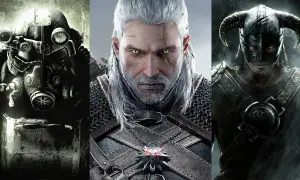 Trzy ikony gatunku komputerowa gra fabularna: zbroja z Fallouta, Geralt z Wiedźmina i wojownik ze Skyrim.