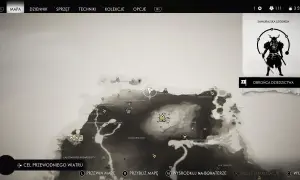 Mapa z gry Ghost of Tsushima. Widoczna jest ikona "Cel przewodniego wiatru" oraz fragment menu "Samurajska legenda", gdzie widnieje grafika wojownika i napis "Obrona dziedzictwa".