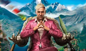 Pagan Min w różowym garniturze, z karabinem i wyrzutnią rakiet, na tle gór. Gra Far Cry na Nintendo Switch.