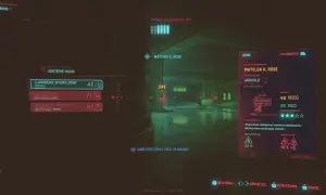 Widok z gry z interfejsem hakowania, cel: Matylda K. Rose, gang Animals. Rozpoznanie wzorca cyberpunk.
