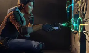 Alyx Vance z Half-Life: Alyx na PS5 manipuluje energią za pomocą swojego pistoletu, tworząc zielone wiązki światła.