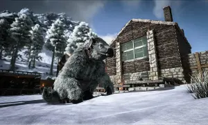 Zwierzę w uprzęży na tle zimowego krajobrazu i drewnianego domu. Wymagania Ark Survival Evolved mogą być wysokie, ale warto dla takich widoków.