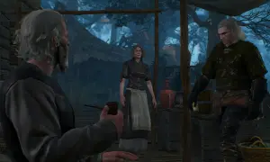 Geralt z Rivii w "Wiedźmin 3 bez śladu" rozmawia z parą wieśniaków.