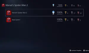Osiągnięto platynę w Marvel's Spider-Man 2! Wszystkie trofea zdobyte, w tym 2 złote, 17 srebrnych i 22 brązowe.