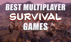 Postapokaliptyczny krajobraz z trzema postaciami, tekst "BEST MULTIPLAYER SURVIVAL GAMES".