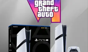 Logo GTA 6 nad konsolą PlayStation 5 Pro i padem. Marzenie o grze gta 6 na ps5 staje się bliższe.