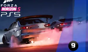 Dwa samochody ścigają się w nocy w Forza Horizon 5 na PlayStation 5, wydobywając kłęby różowego dymu.